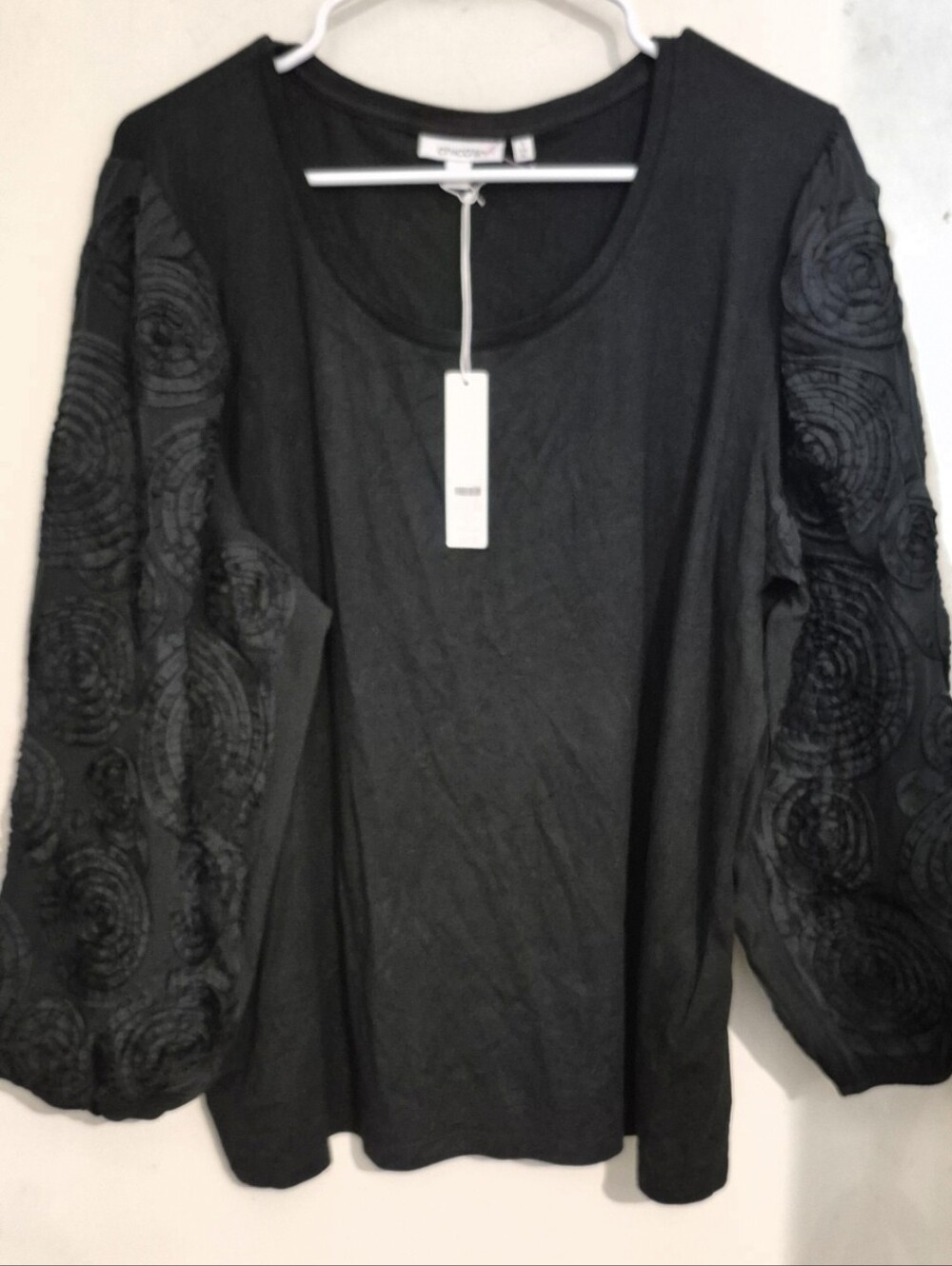 Chico Black Long-Sleeve Top with Rosette Embroidered Sleeves Sz.3 NWT